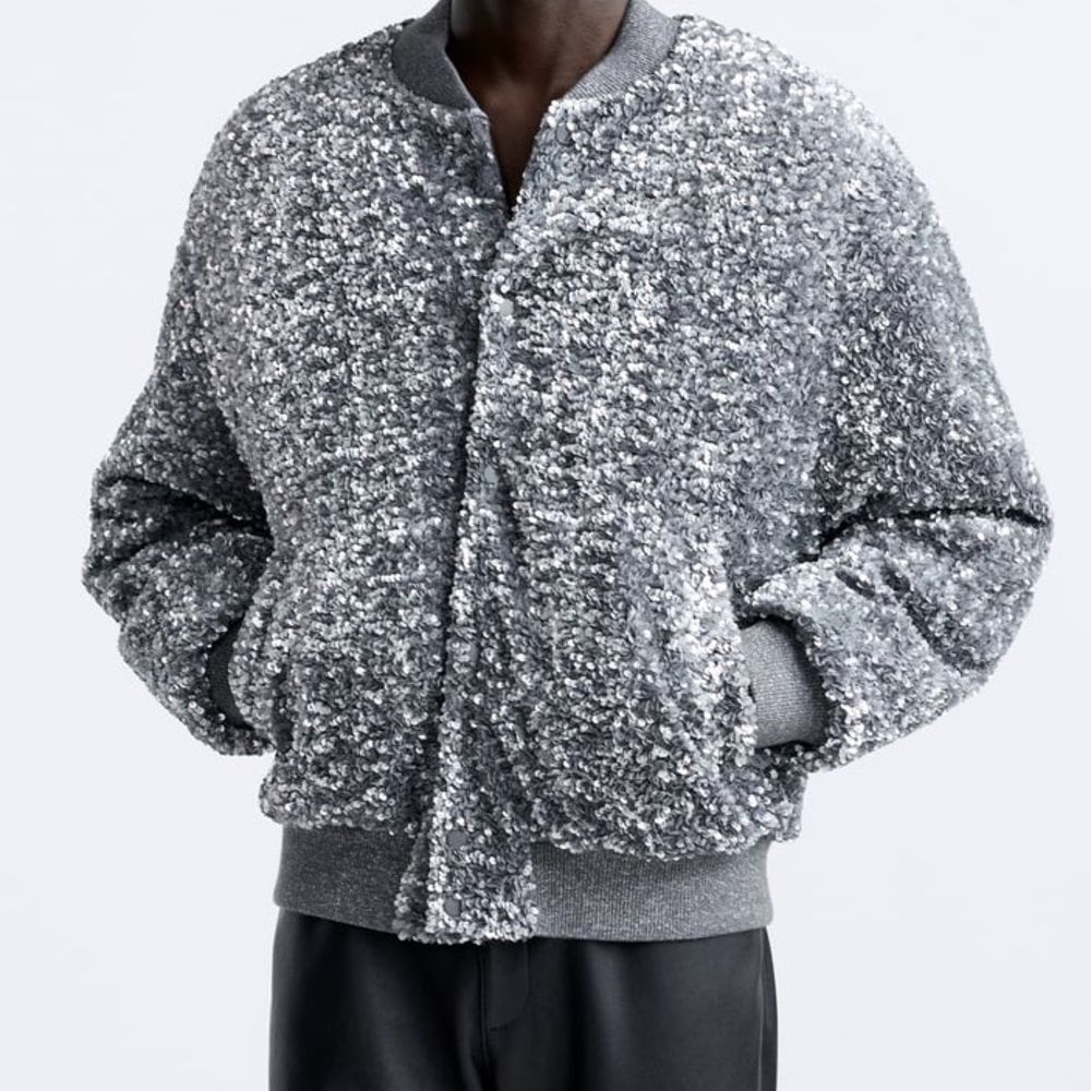 Zara Silver Sequin Bomber Jacket - Picture 6 of 11